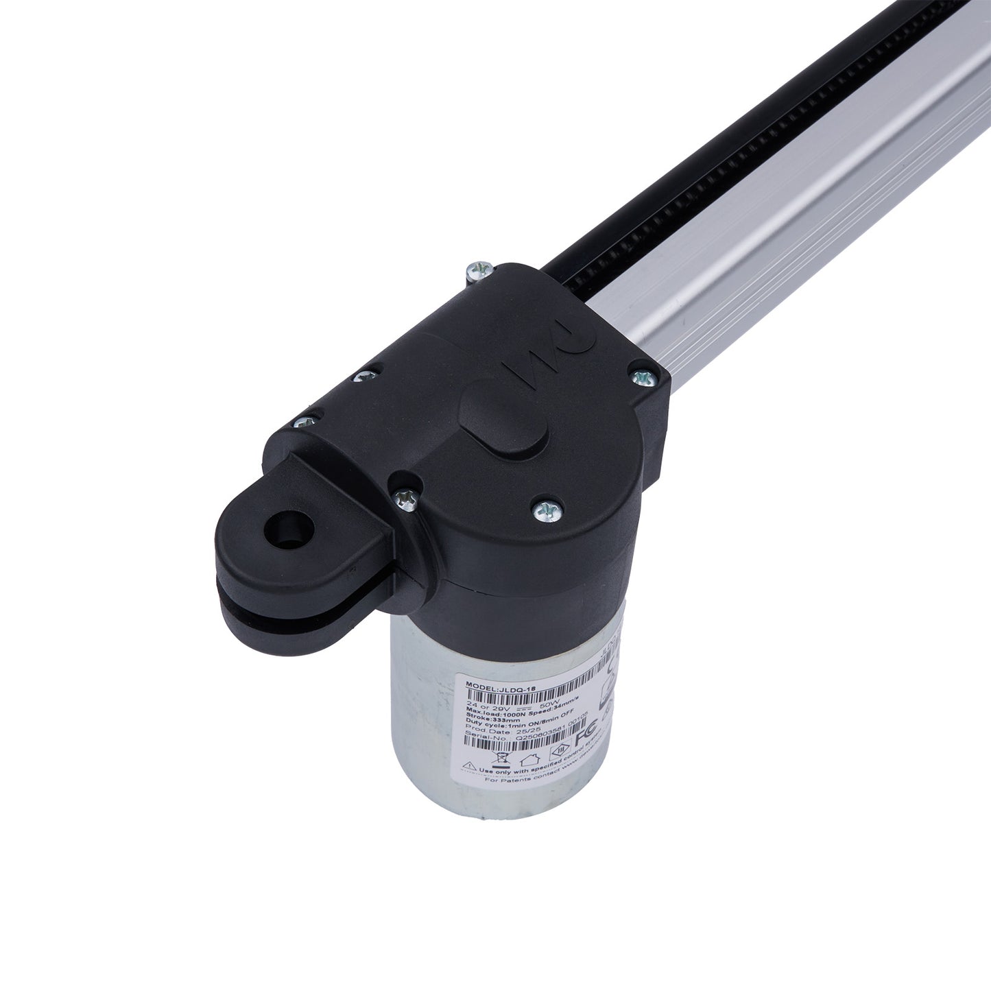 Black linear actuator on a white background