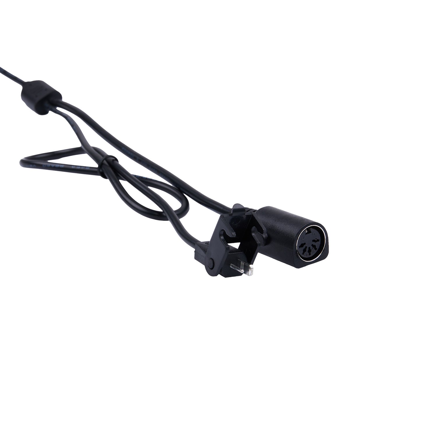 Black electronic component with cable on a white background