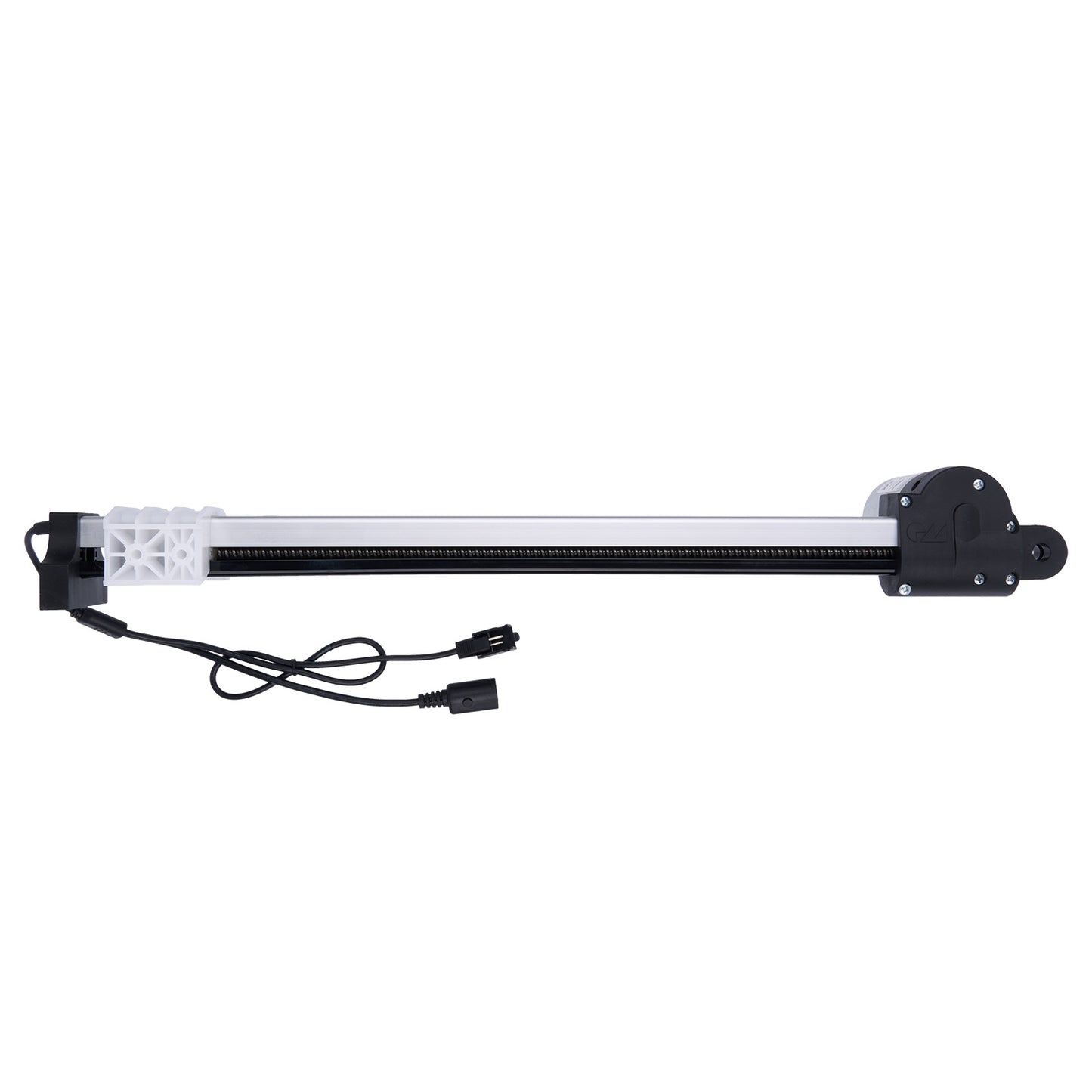 Long rectangular electronic device with black connectors on a white background