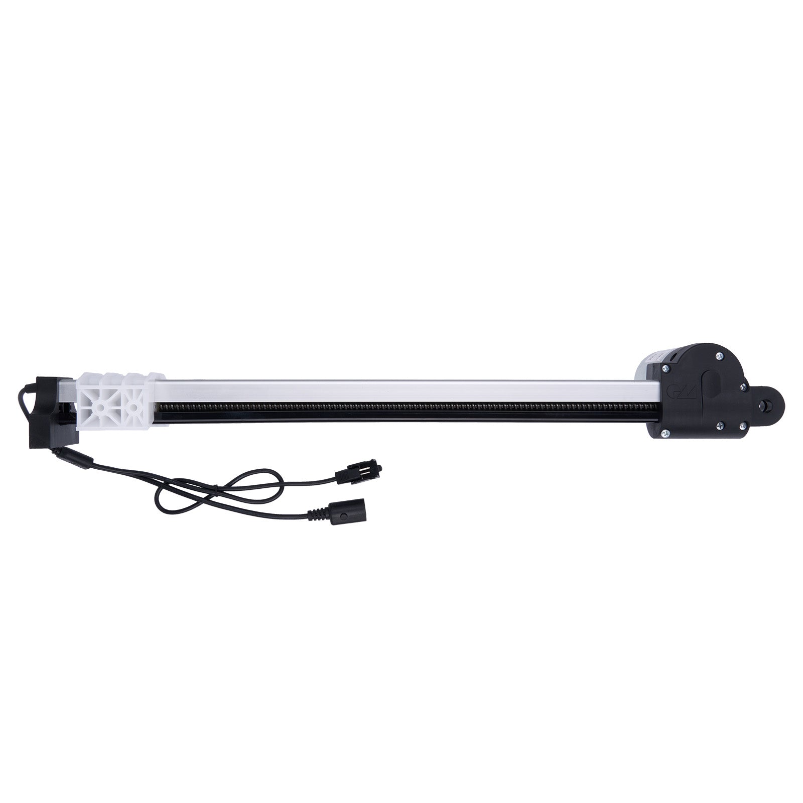 Long rectangular electronic device with black connectors on a white background