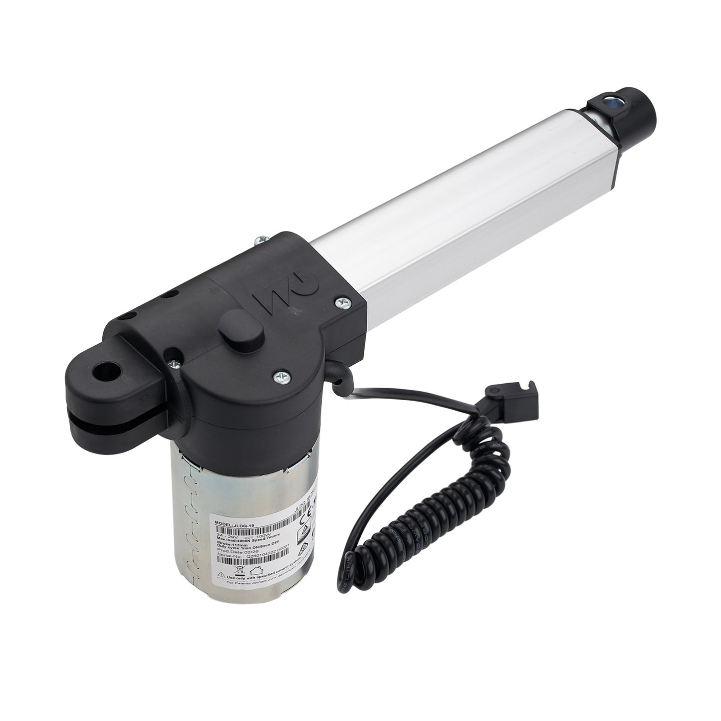 Linear actuator with black and white design on a white background