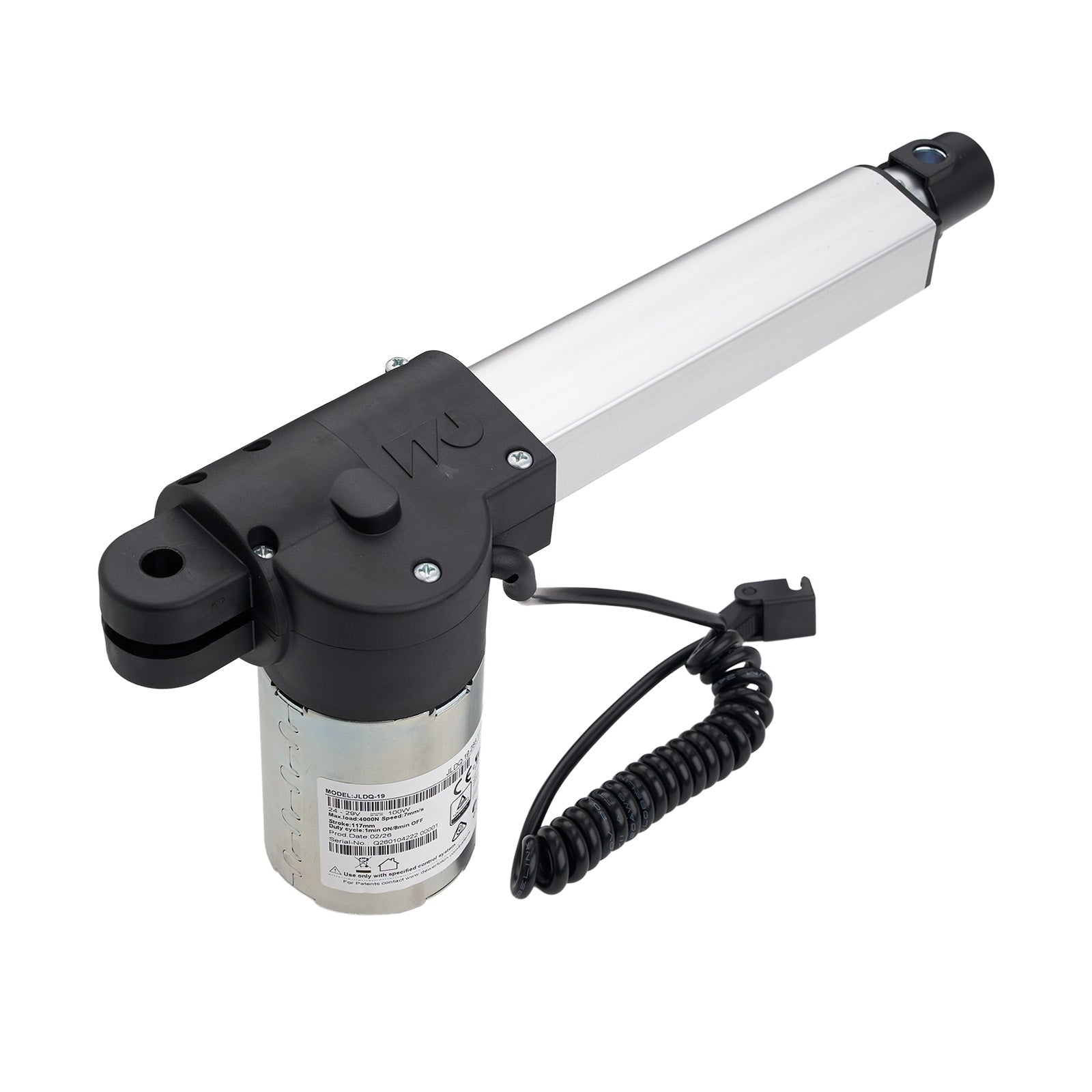 Linear actuator with black and white design on a white background