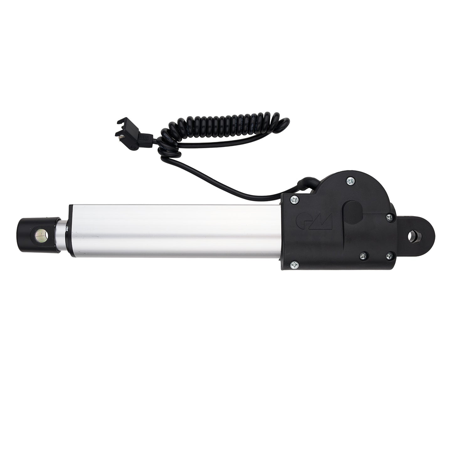 Black and silver actuator with coiled cable on a white background