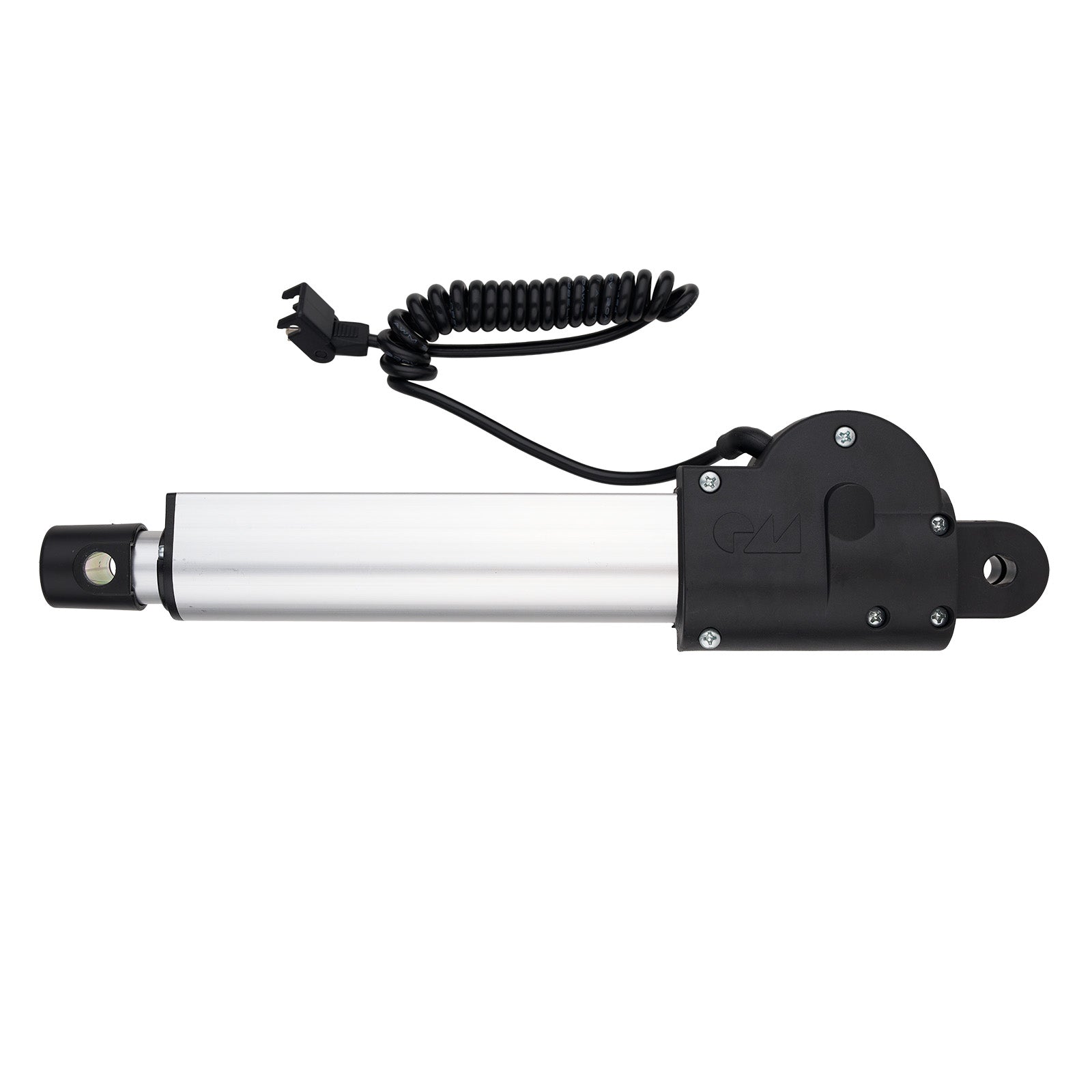 Black and silver actuator with coiled cable on a white background