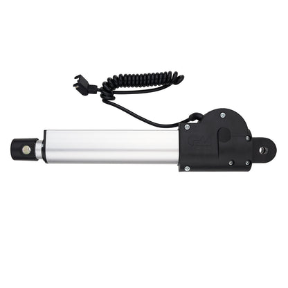Black and silver actuator with coiled cable on a white background