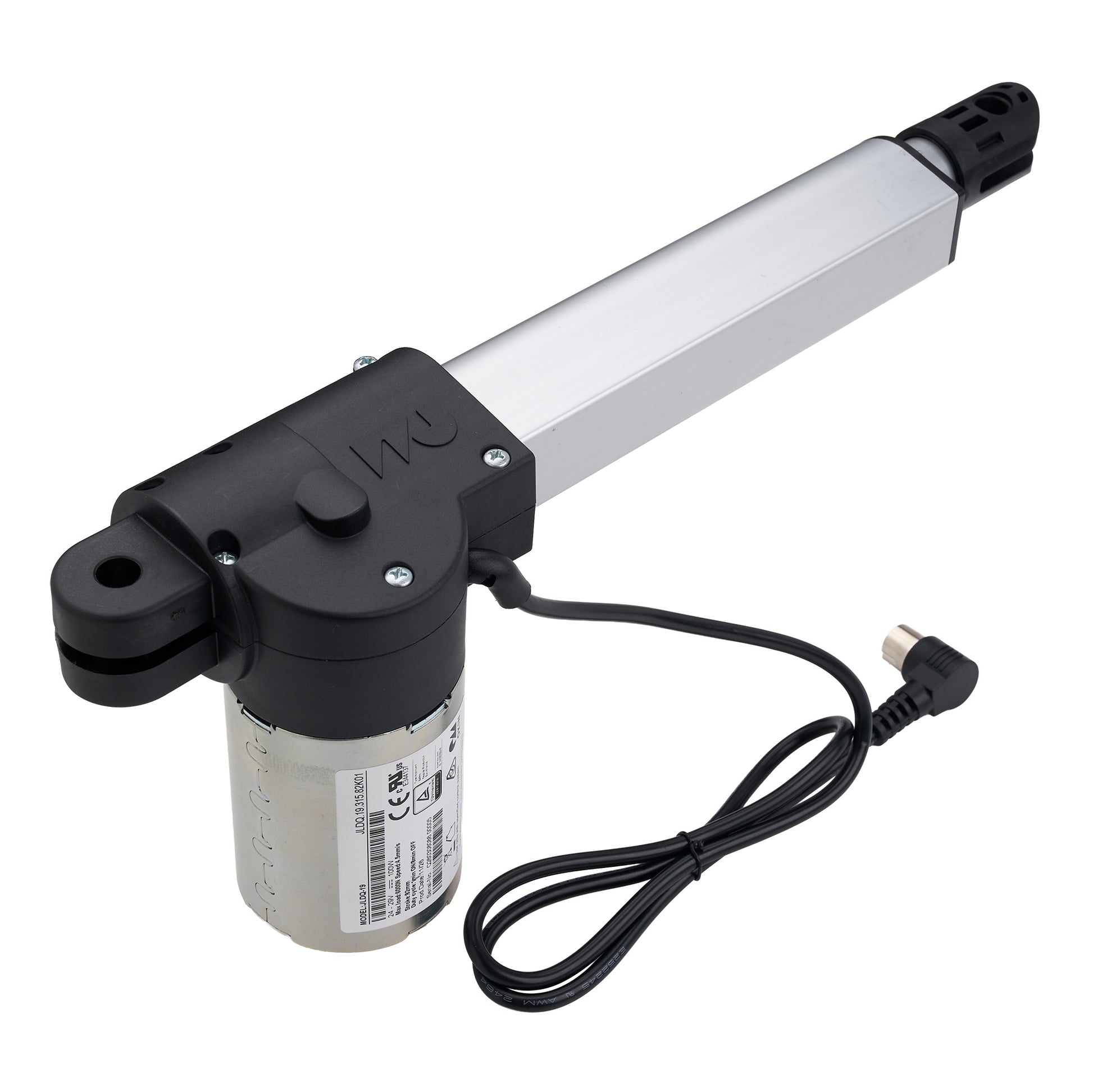 Electric linear actuator with cable and plug on a white background