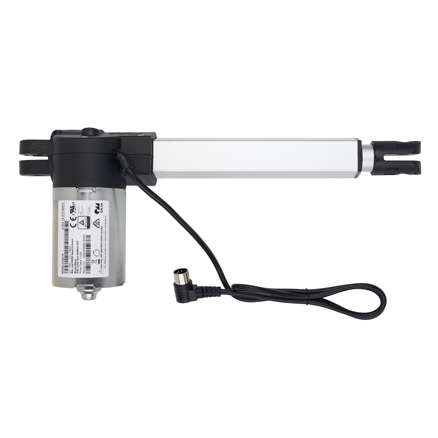 Electric actuator with a white rod and black housing on a white background