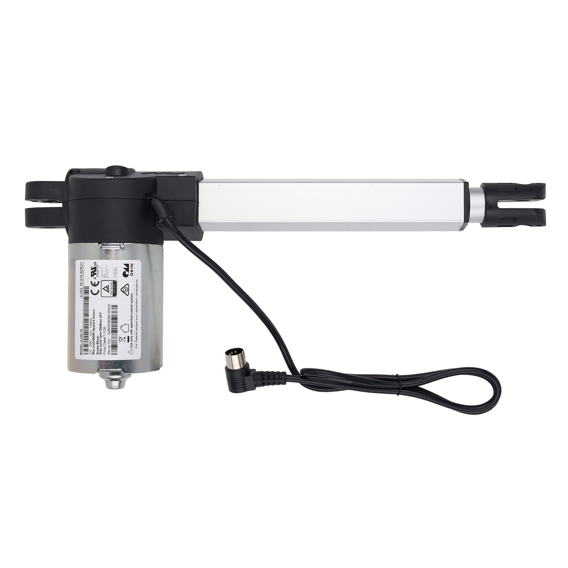 Electric actuator with a white rod and black housing on a white background