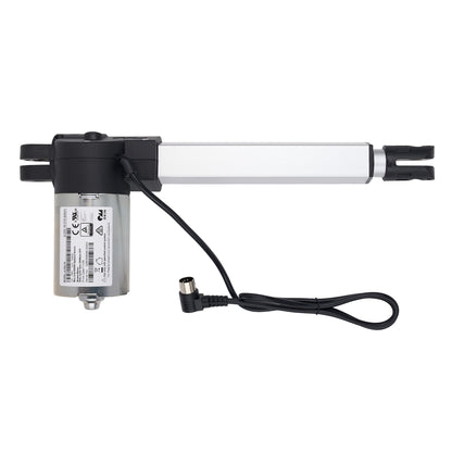 Electric actuator with a white rod and black housing on a white background