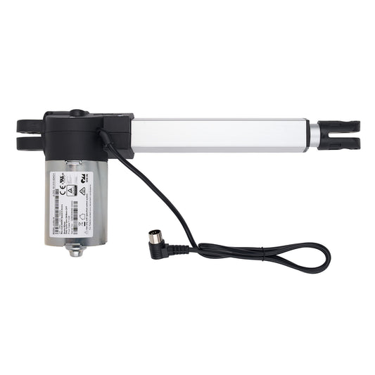 Electric actuator with a white rod and black housing on a white background