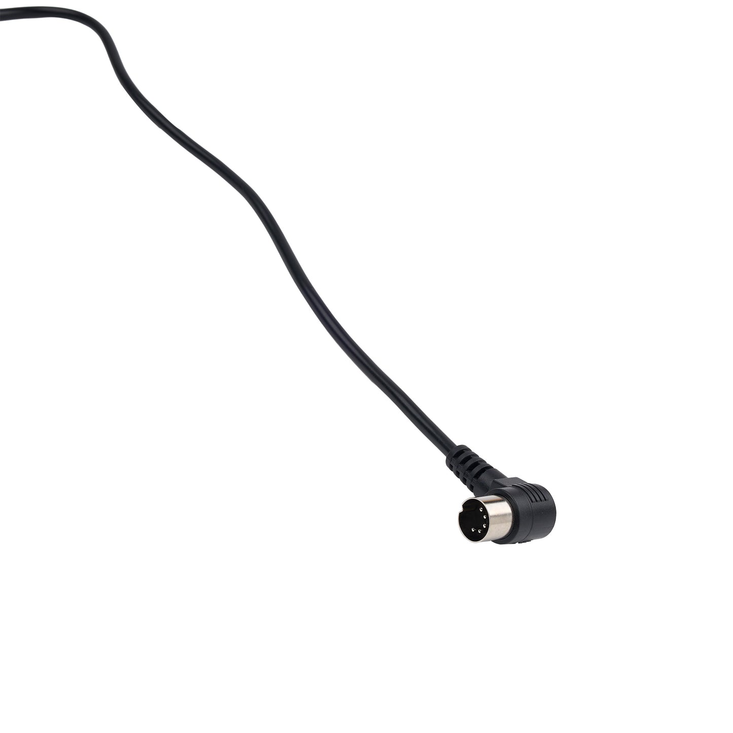 Black cable with a metal connector on a white background