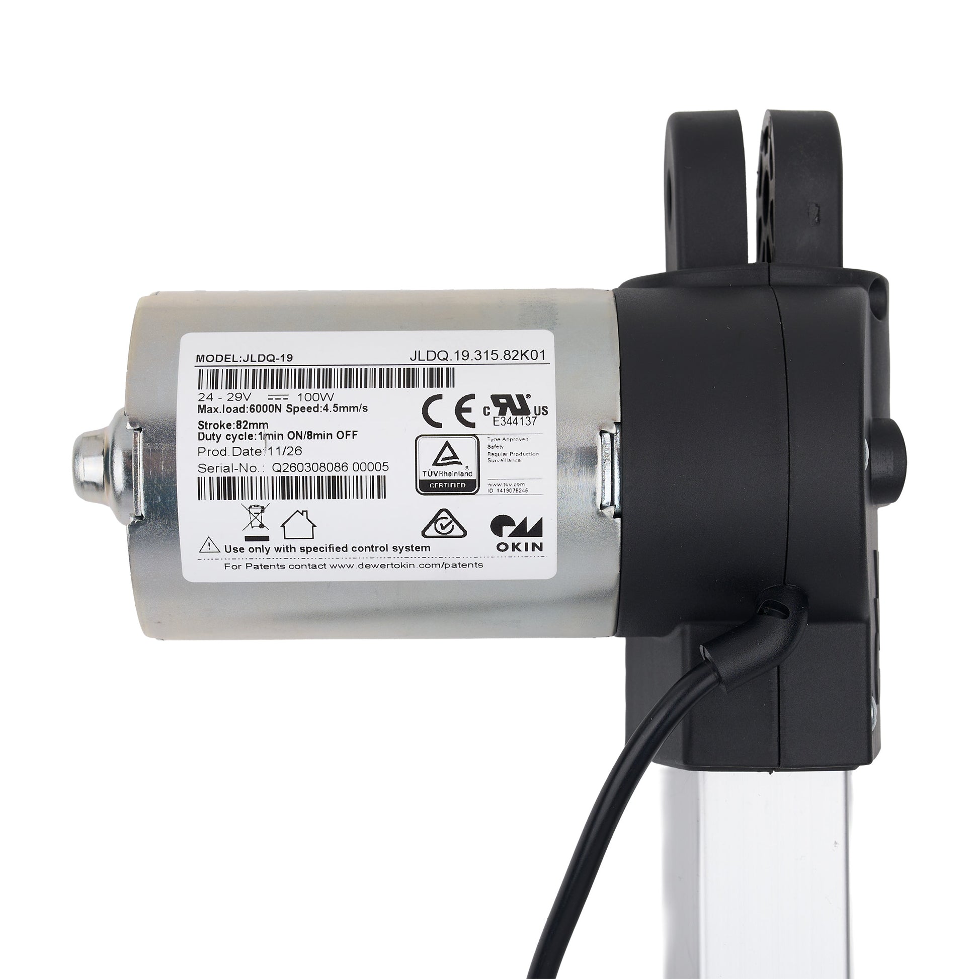 Mechanical component with labels and specifications on a white background