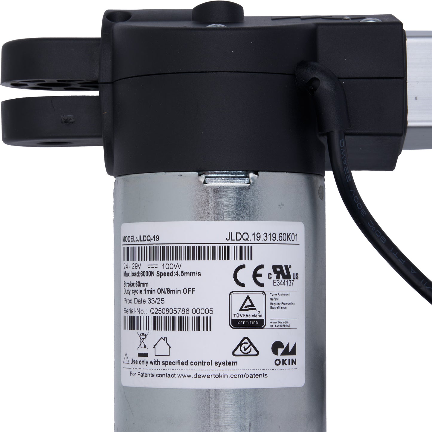 Mechanical component with visible branding and certification labels on a white background