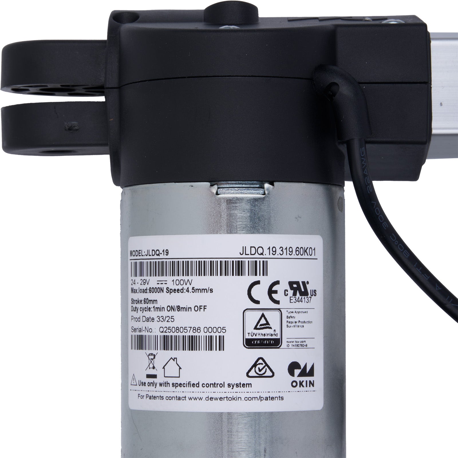 Mechanical component with visible branding and certification labels on a white background