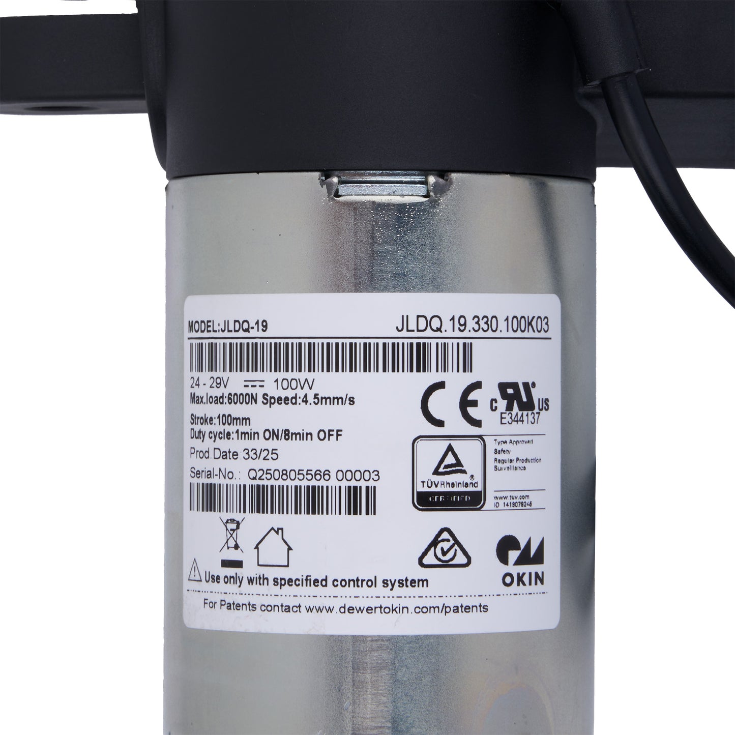 Mechanical component with visible branding and certification labels on a white background