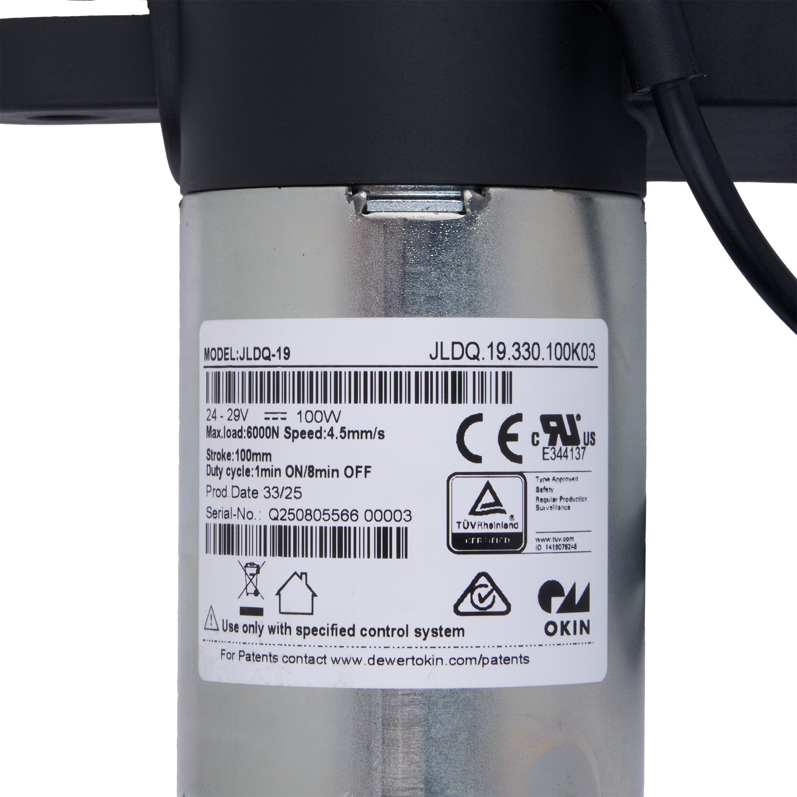 Mechanical component with visible branding and certification labels on a white background