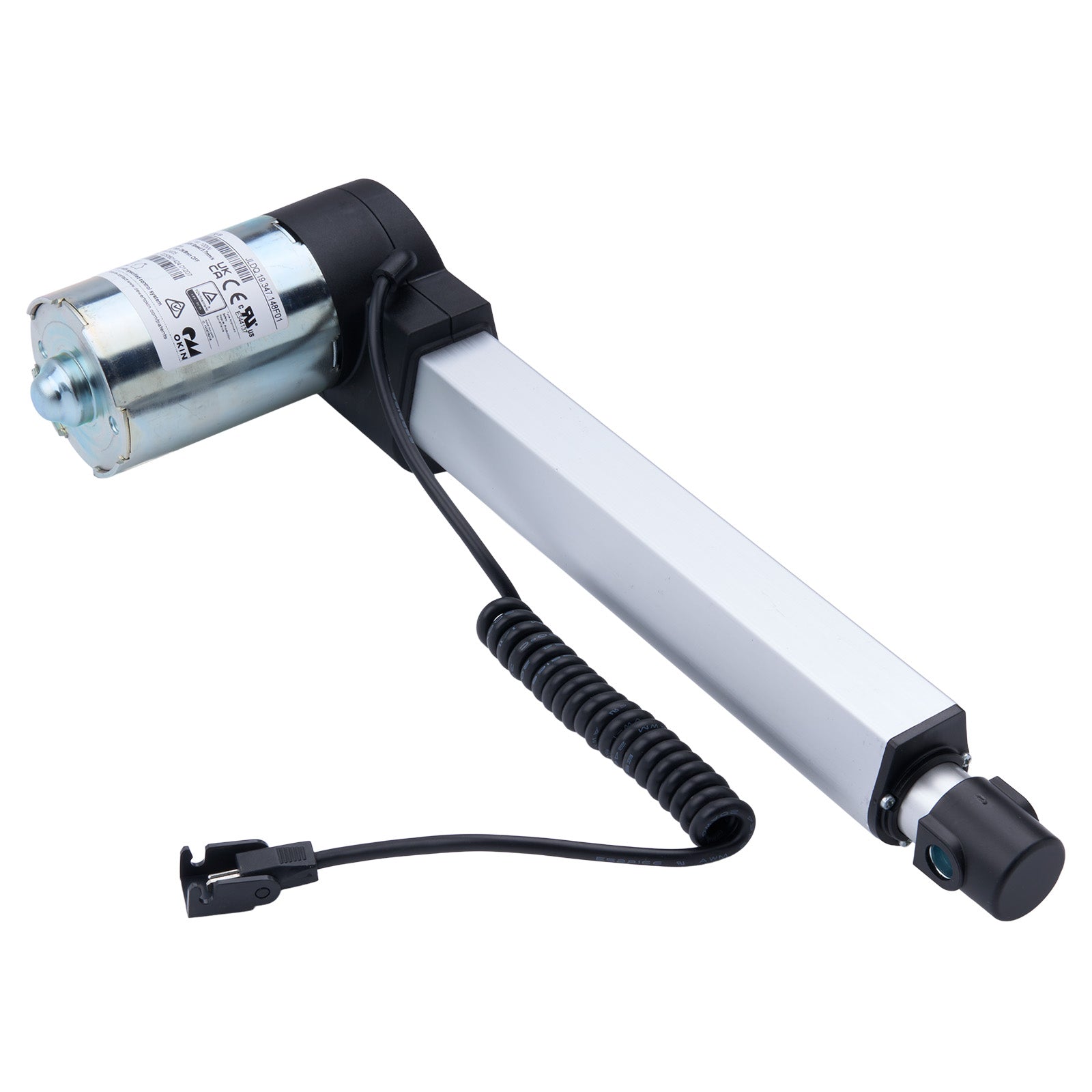 Linear actuator with a white cylindrical body and black connectors on a white background