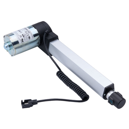 Linear actuator with a white cylindrical body and black connectors on a white background