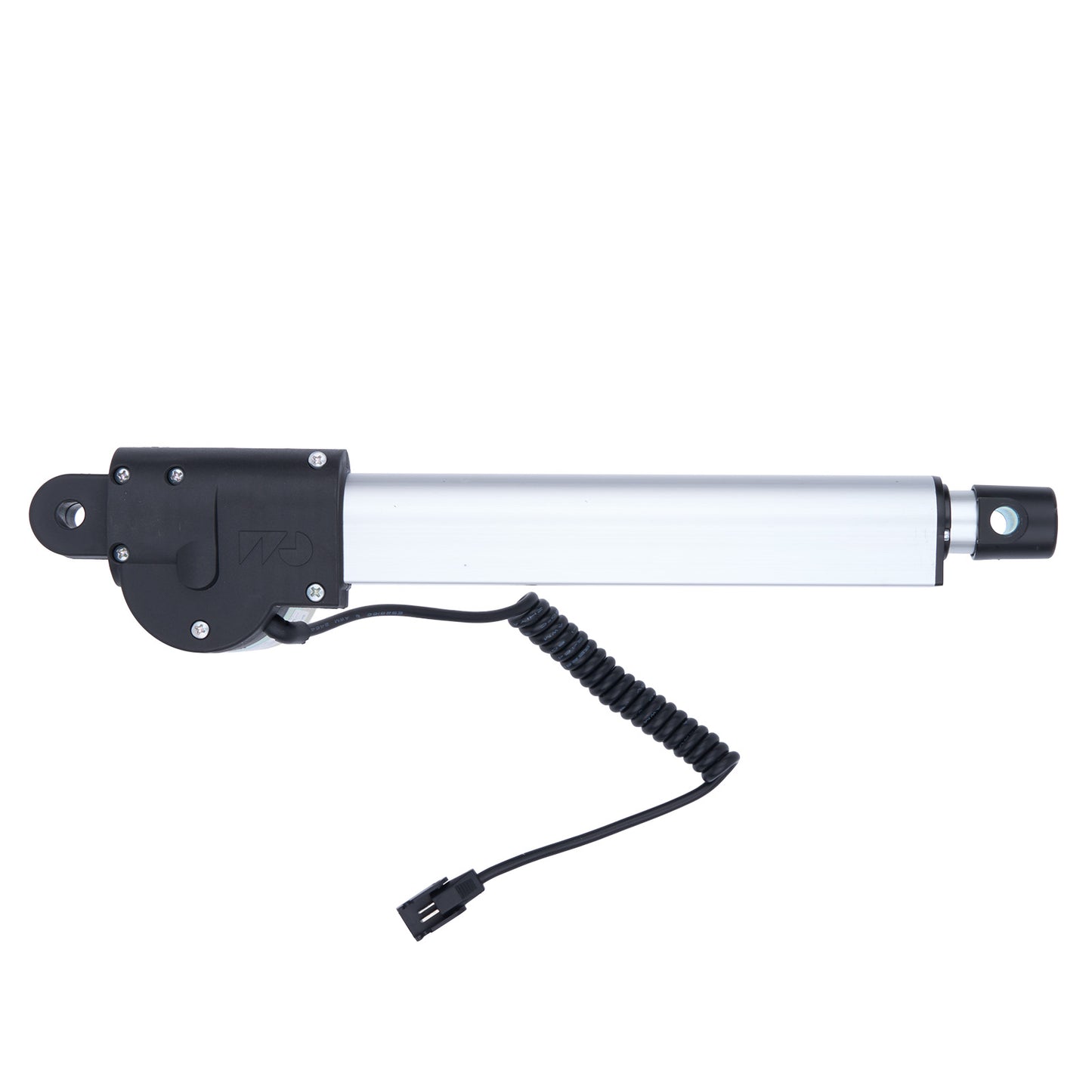 Linear actuator with black handle and coiled cable on a white background