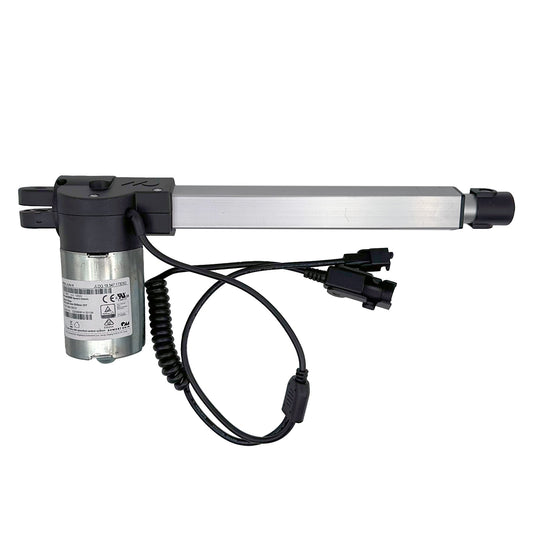 OKIN linear actuator with cables and plugs, primarily black and silver in color, designed for use in recliner or lift chairs.