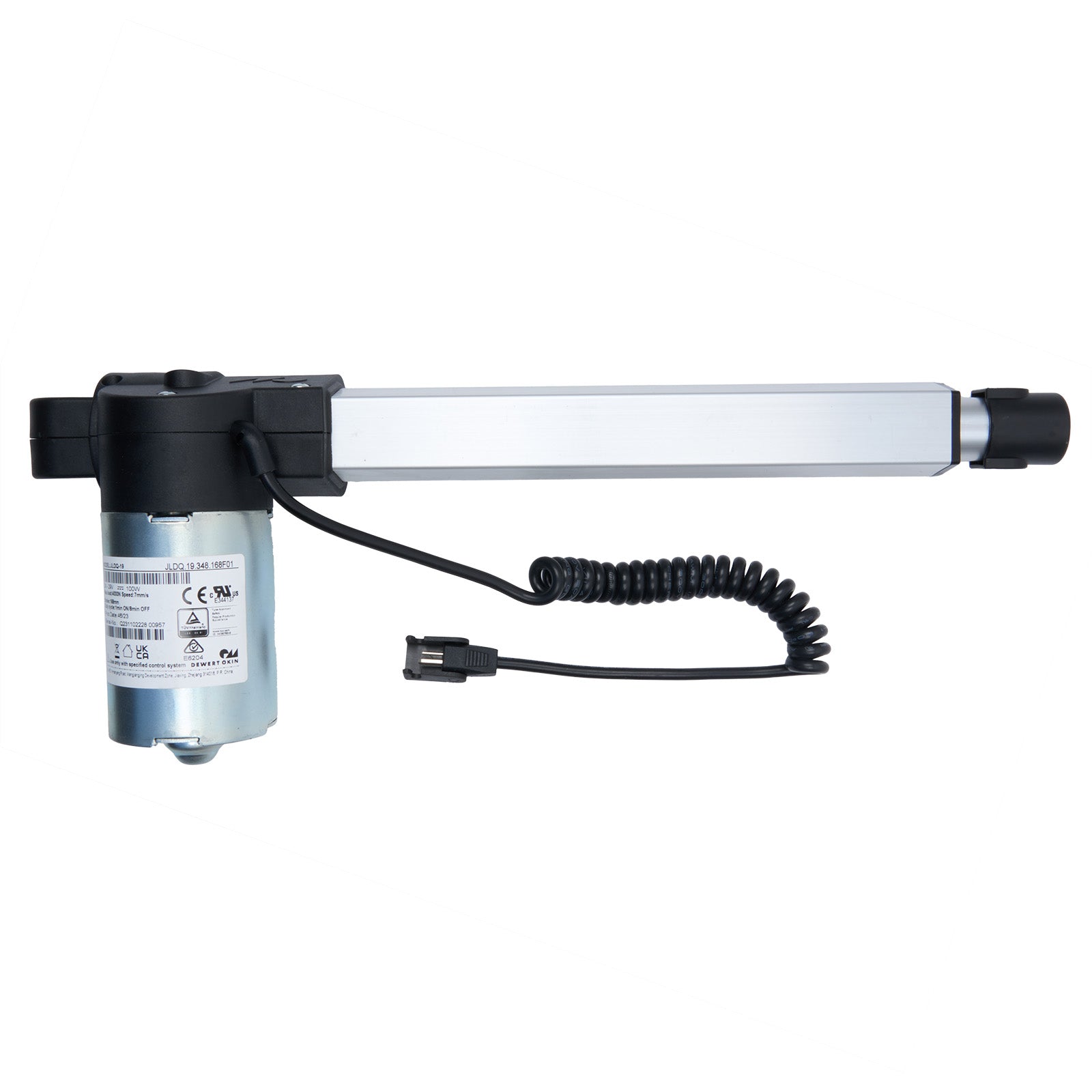 A silver-colored OKIN linear actuator with a black and silver motor housing, one cable, and a male two-pin plug.