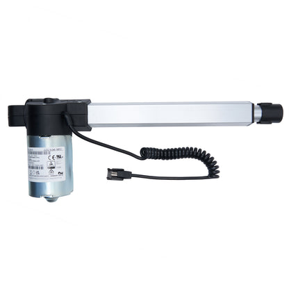 A silver-colored OKIN linear actuator with a black and silver motor housing, one cable, and a male two-pin plug.