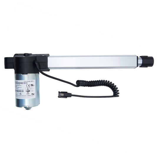 A silver-colored OKIN linear actuator with a black and silver motor housing, one cable, and a male two-pin plug.