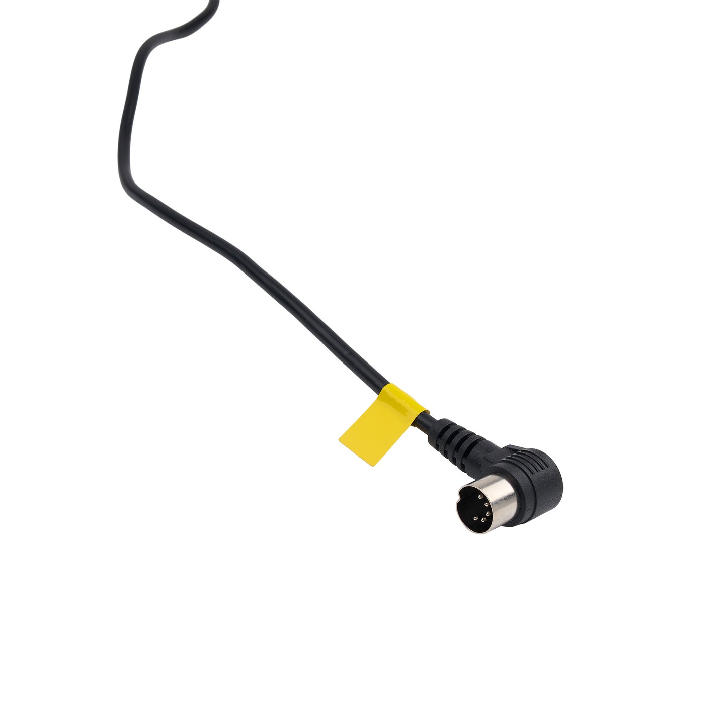 Black cable with a yellow connector on a white background