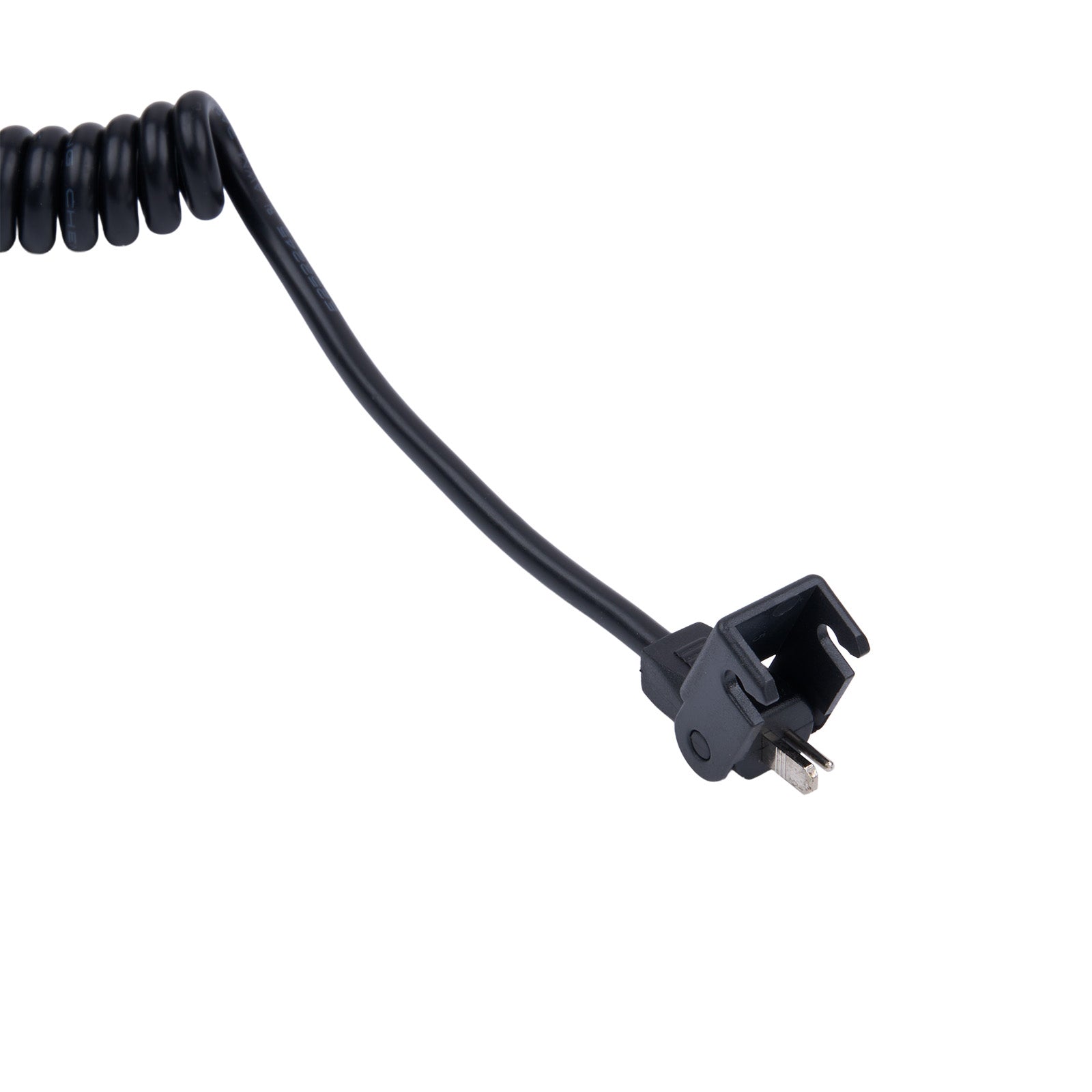 Black coiled cable with a plug on a white background