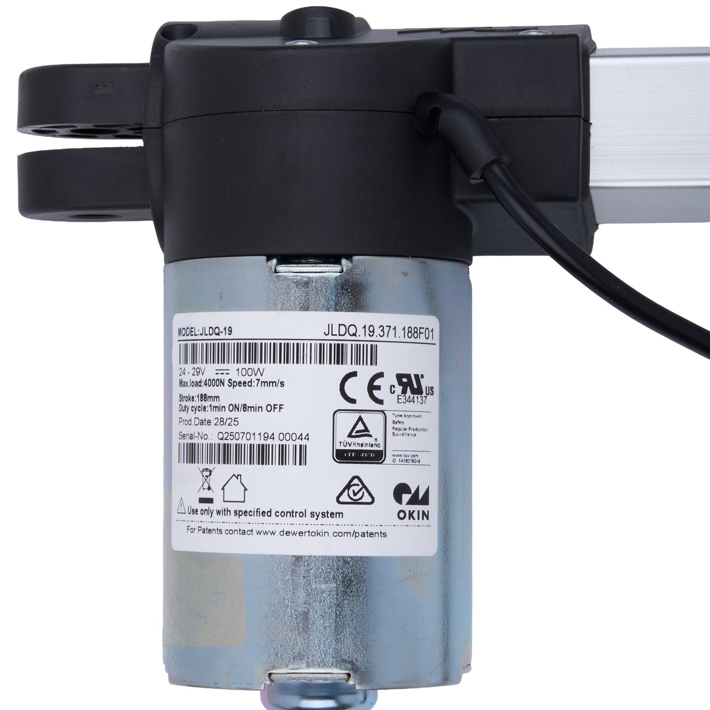 Mechanical component with visible branding and certification labels on a white background