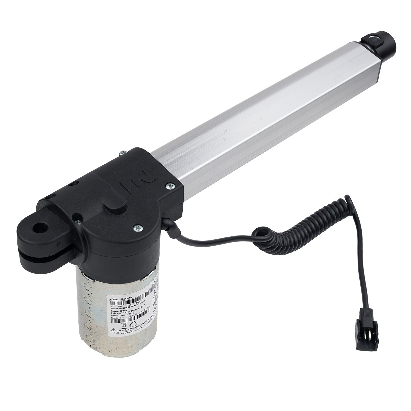 Linear actuator with a black housing and visible wiring on a white background