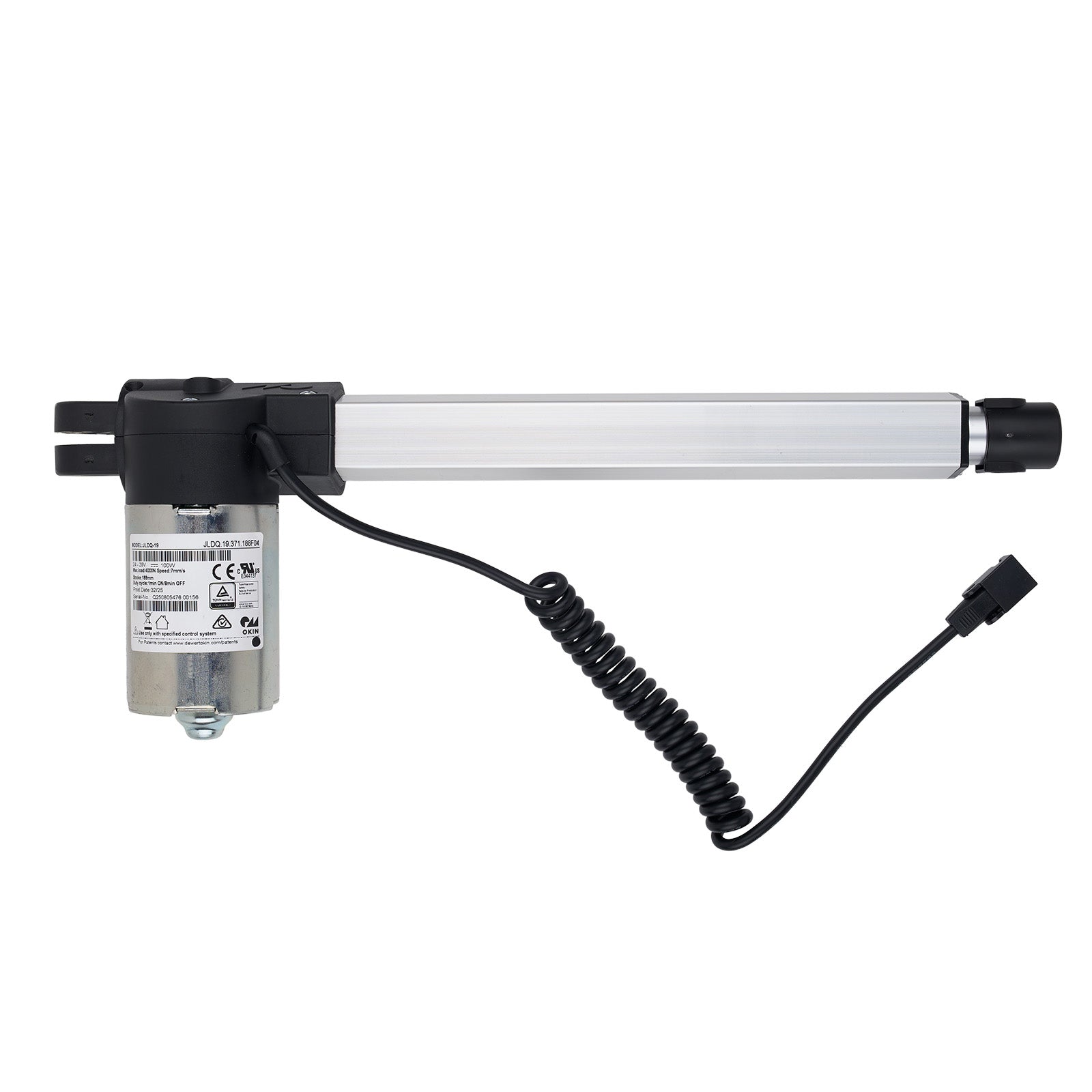 Linear actuator with coiled cable on a white background