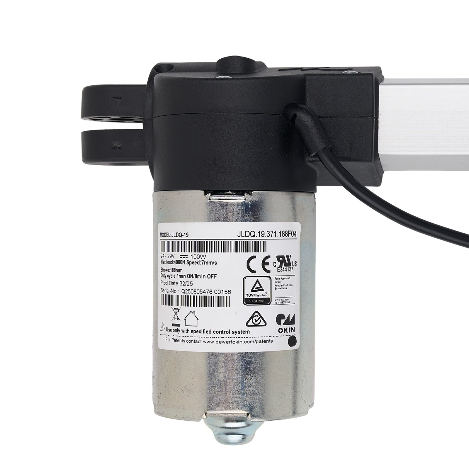 Electric actuator with visible branding on a white background