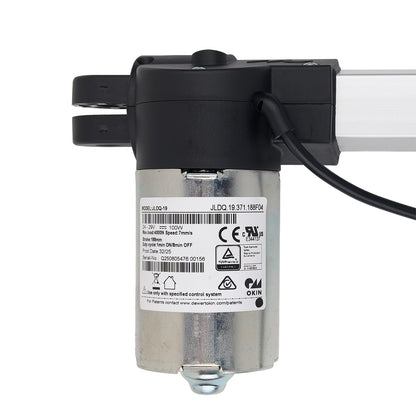 Electric actuator with visible branding on a white background