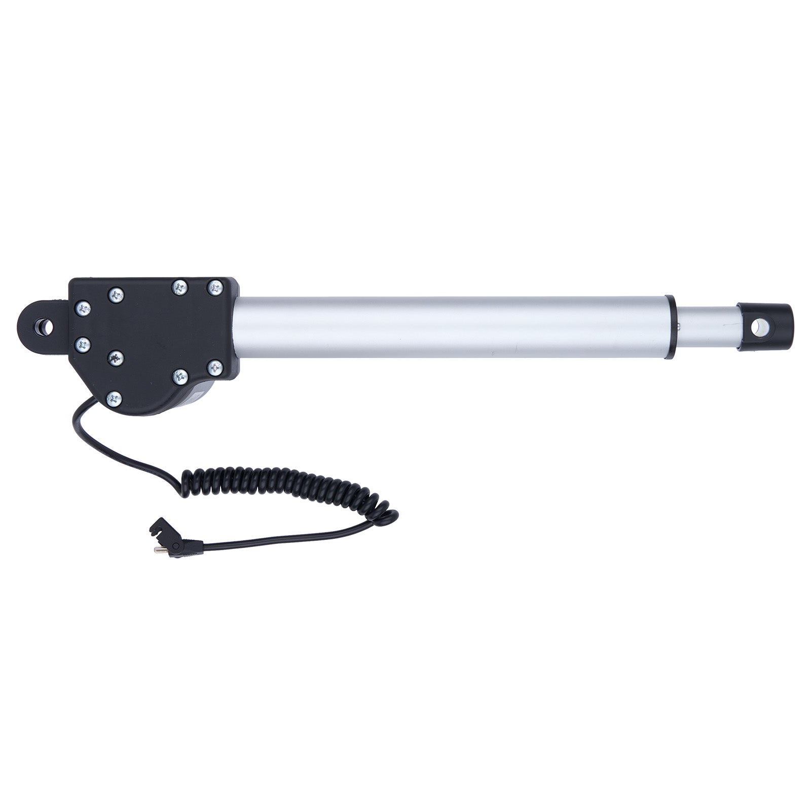 White actuator with black housing and coiled cable on a white background