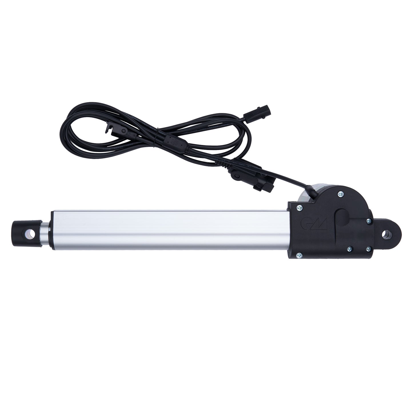 Linear actuator with black cable on a white background