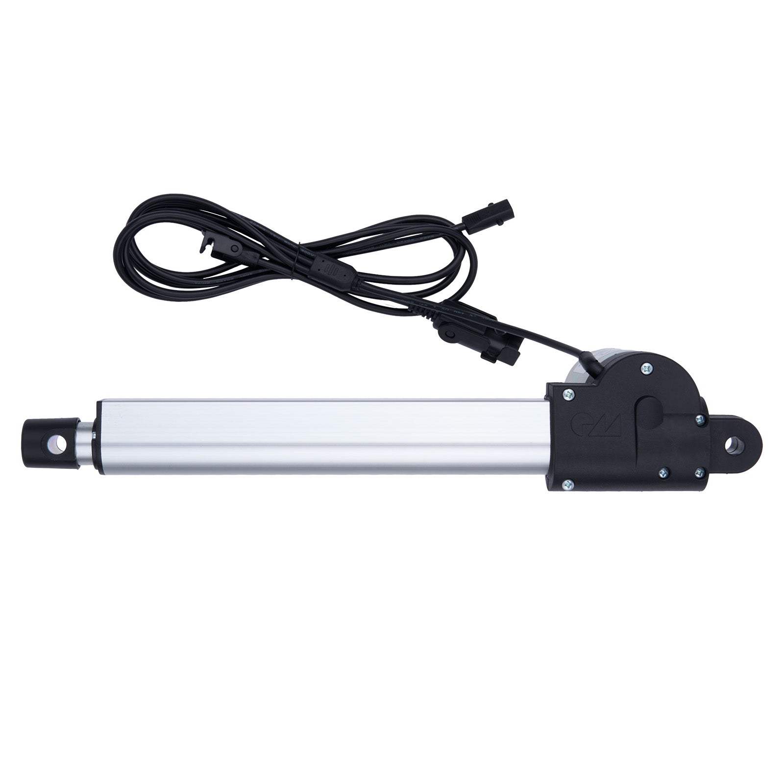 Linear actuator with black cable on a white background