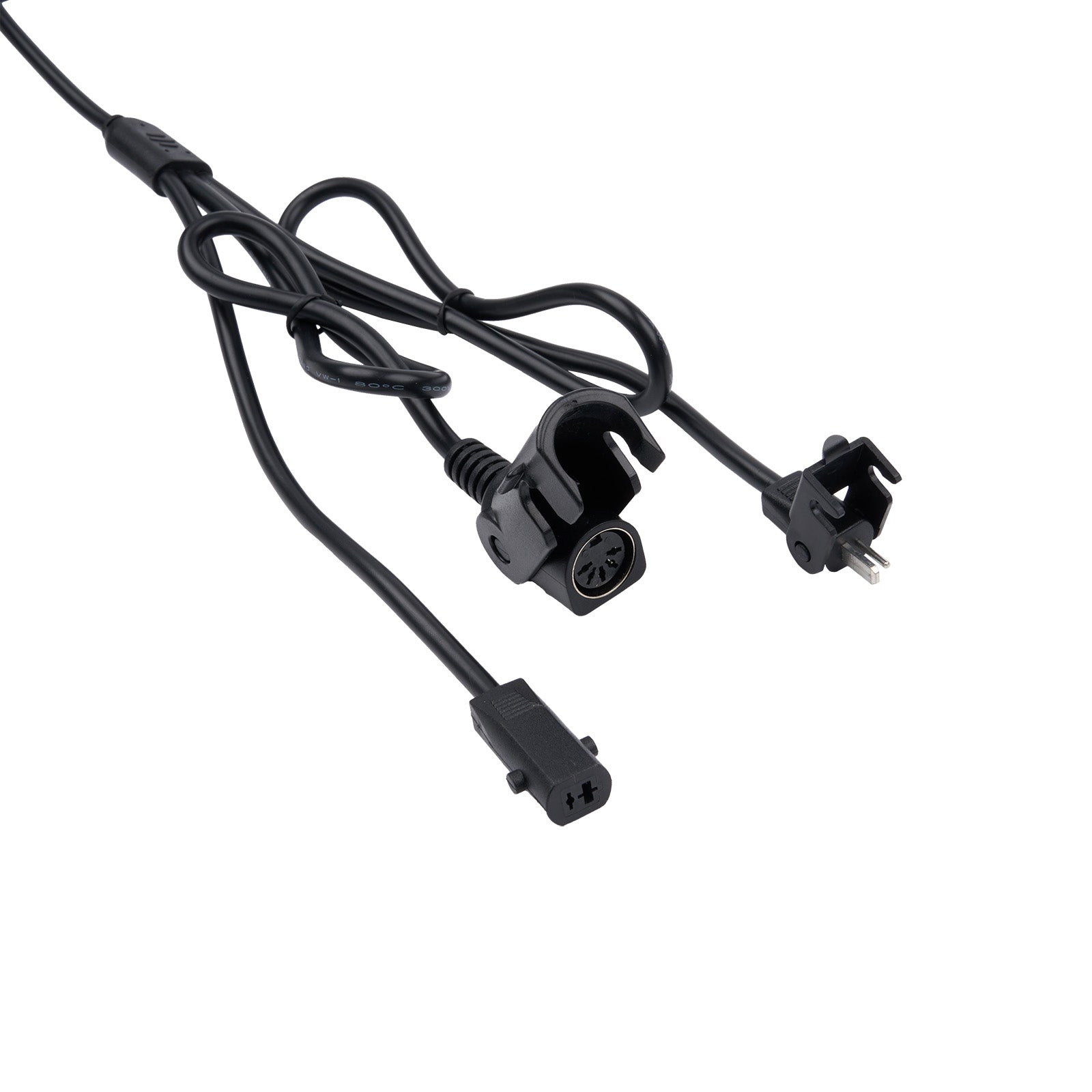 Black electrical cable with connectors on a white background