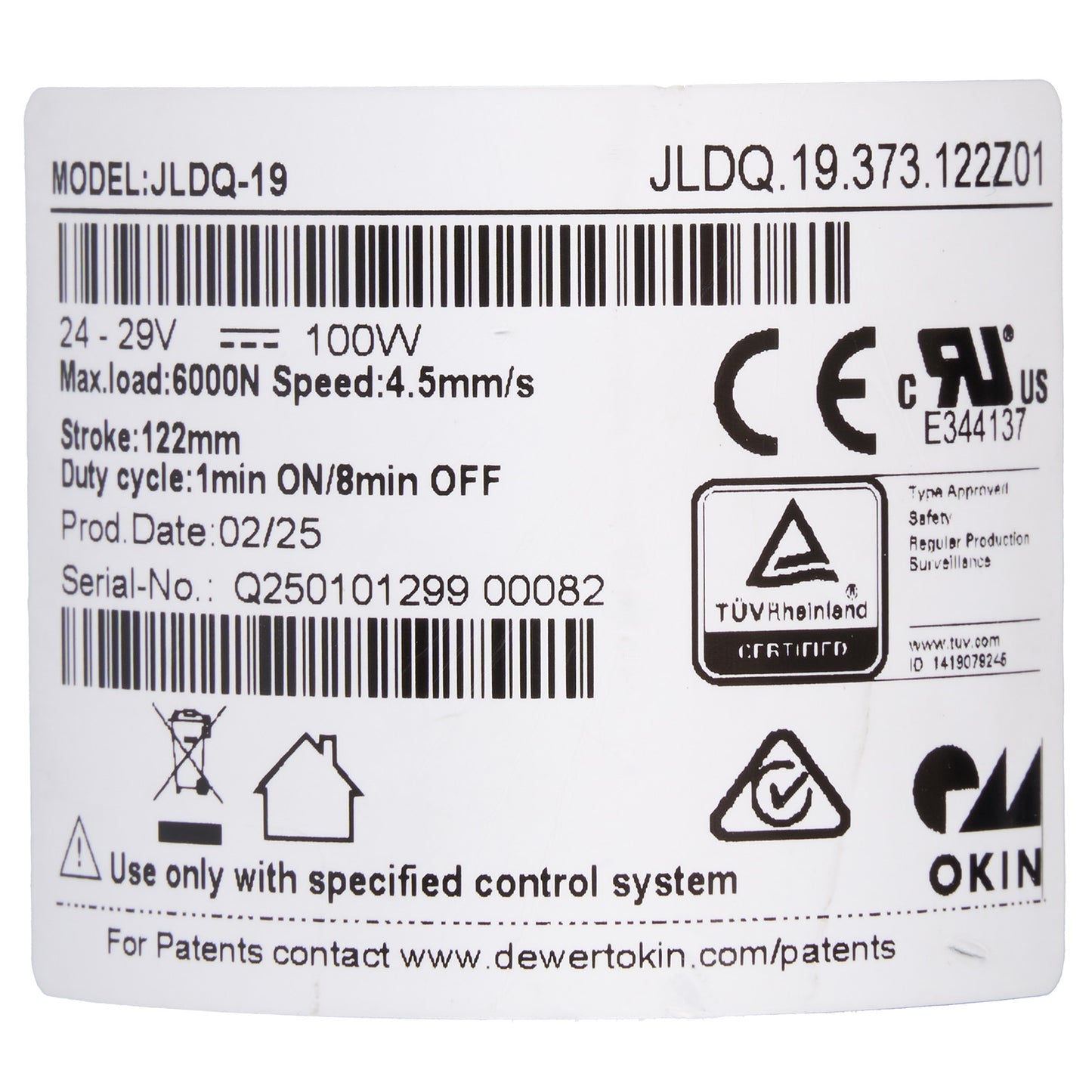 Technical label with specifications and certifications on a white background