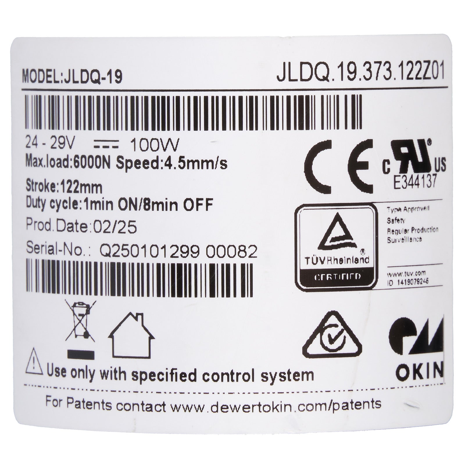 Technical label with specifications and certifications on a white background