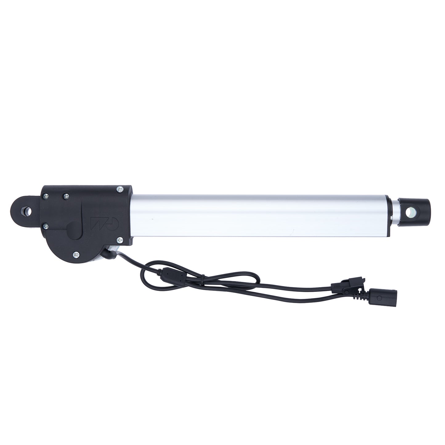 Linear actuator with a black handle and cable on a white background
