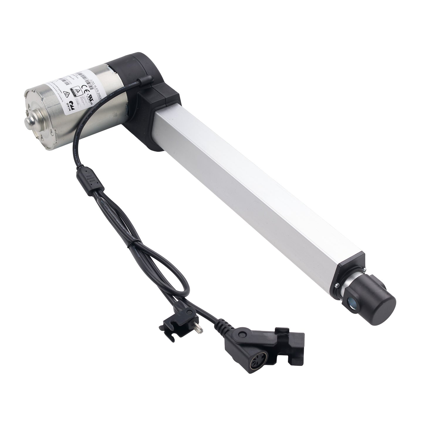 Mechanical arm with a cylindrical component and power cable on a white background