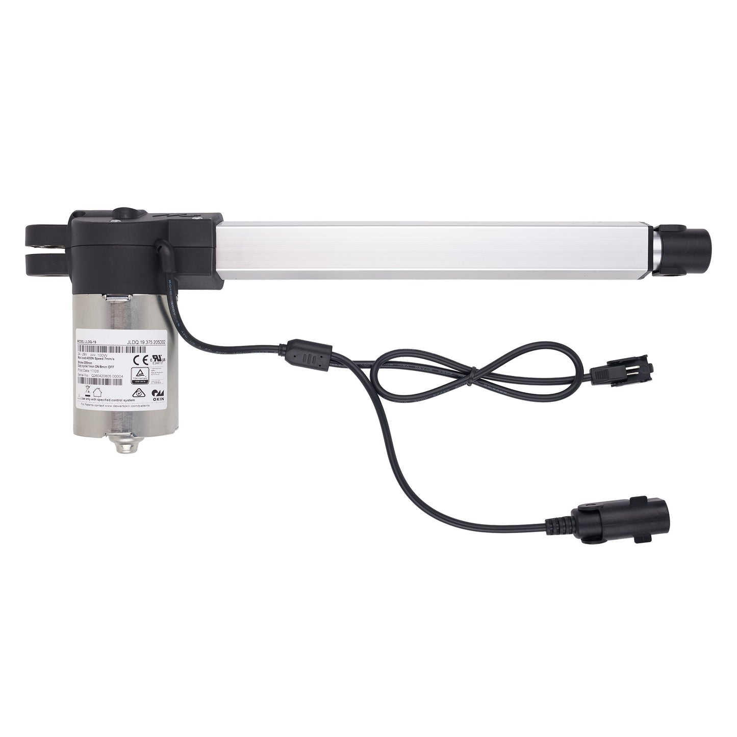 Linear actuator with power cable on a white background