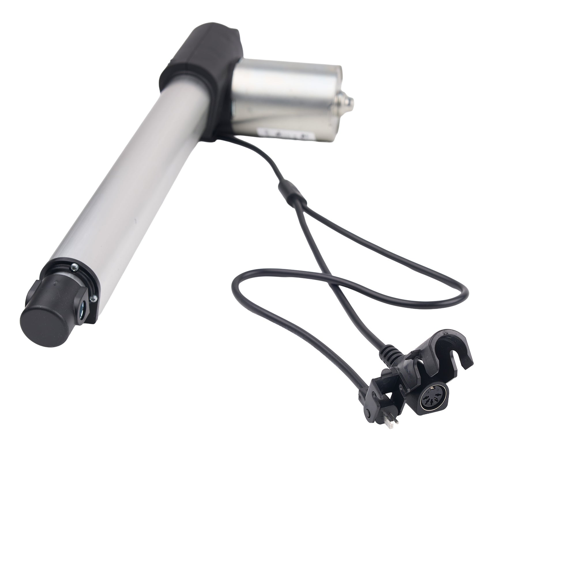 Motorized scooter handlebar with motor and cable on a white background