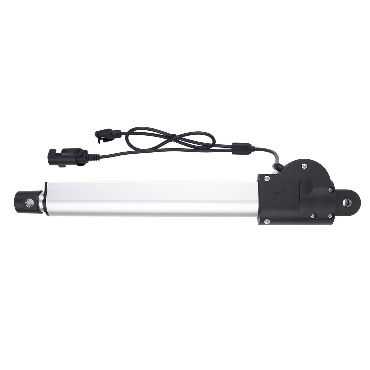 Linear actuator with black and white design on a white background