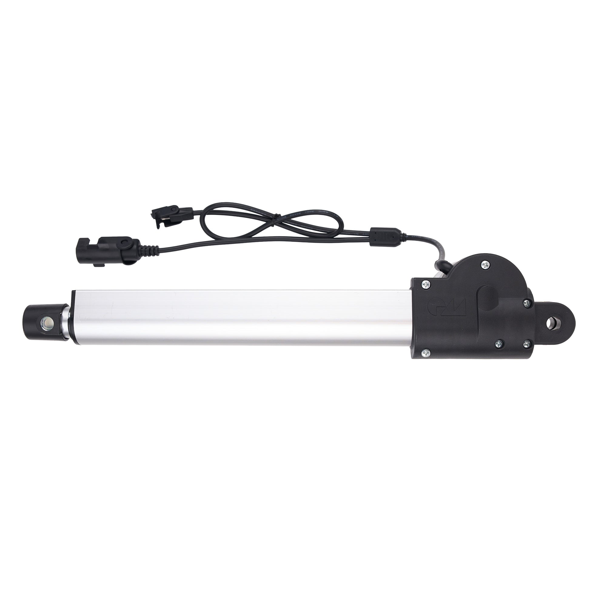 Linear actuator with black and white design on a white background