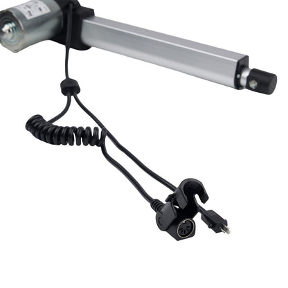Mechanical arm with coiled cable and connectors on a white background