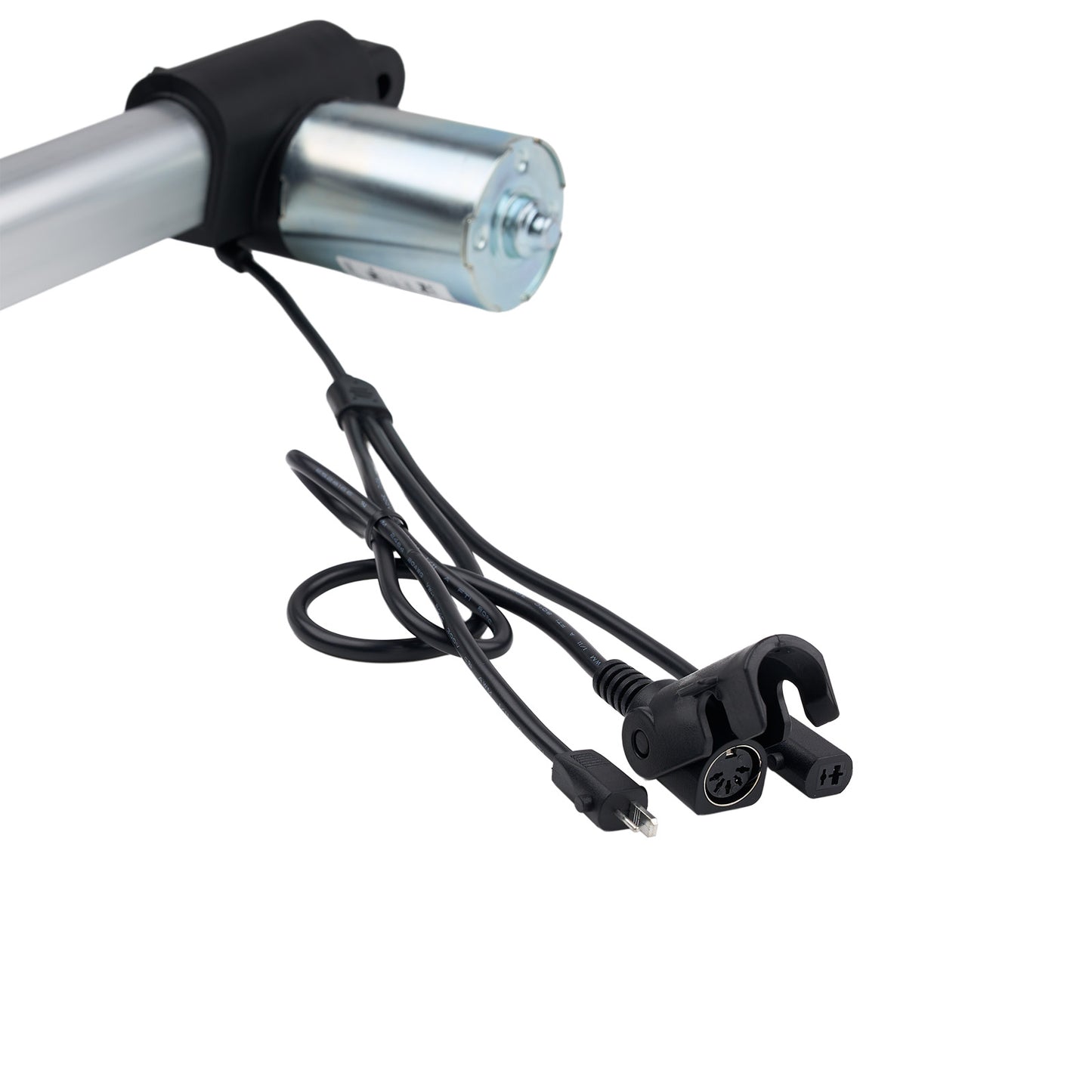 Motorized scooter handlebar with motor, cable, and plug on a white background
