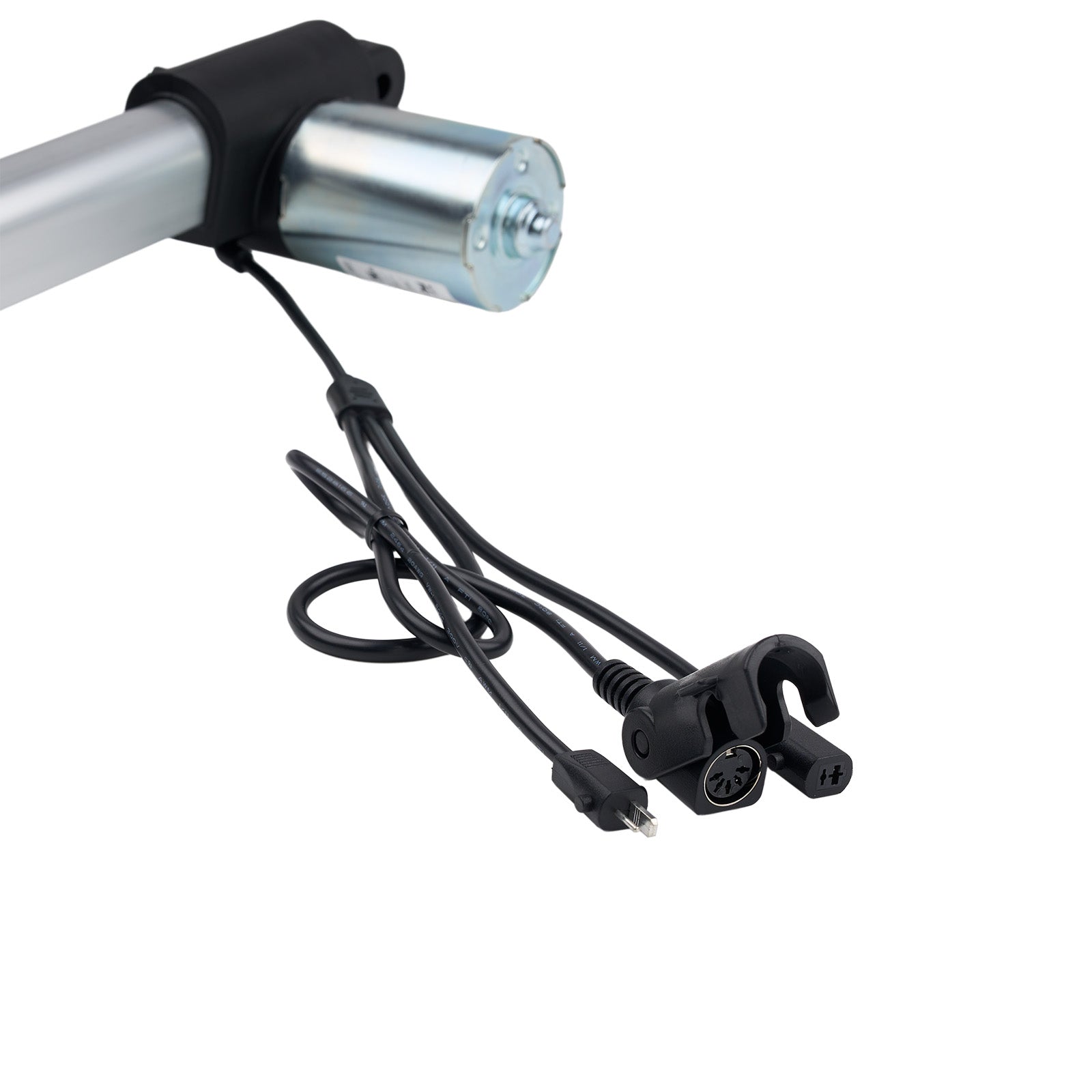 Motorized scooter handlebar with motor, cable, and plug on a white background
