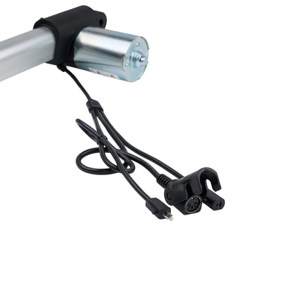 Motorized scooter handlebar with motor, cable, and plug on a white background